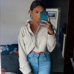 ZARA NWT BEIGE HALF BUTTON CROPPED SWEATSHIRT SIZE MED